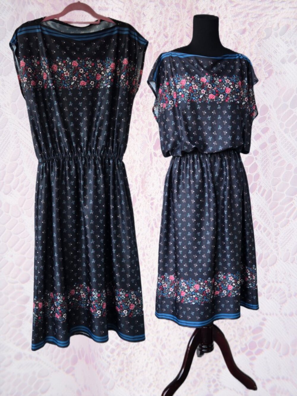 Vintage 70s Dress Dolman Sleeves Blouson Floral Boho Prairie Country Style Dress